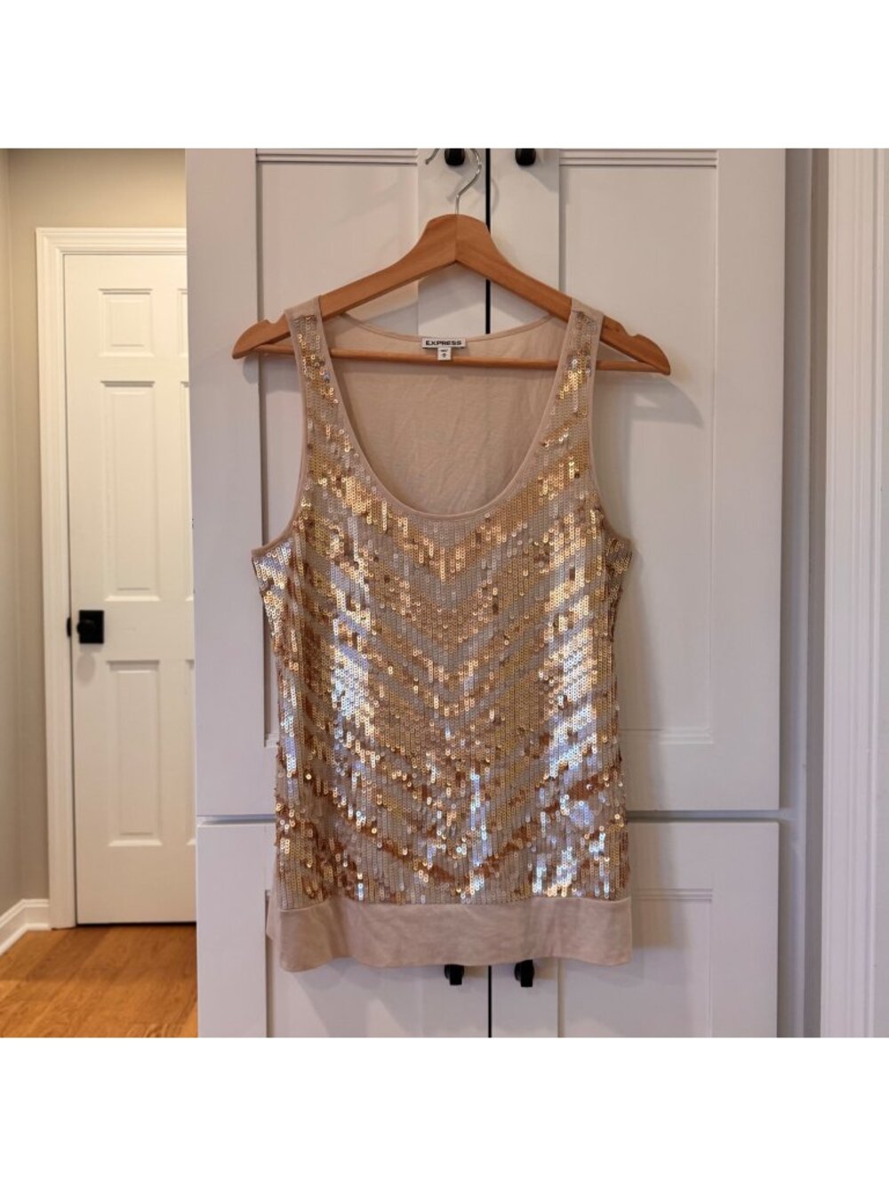 Vintage Y2K Express Sequins Going Out Tank Top Gold Tan Womens Medium Chevron